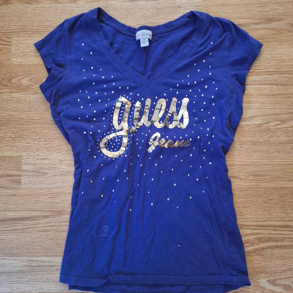 Y2K era rhinestone Guess top